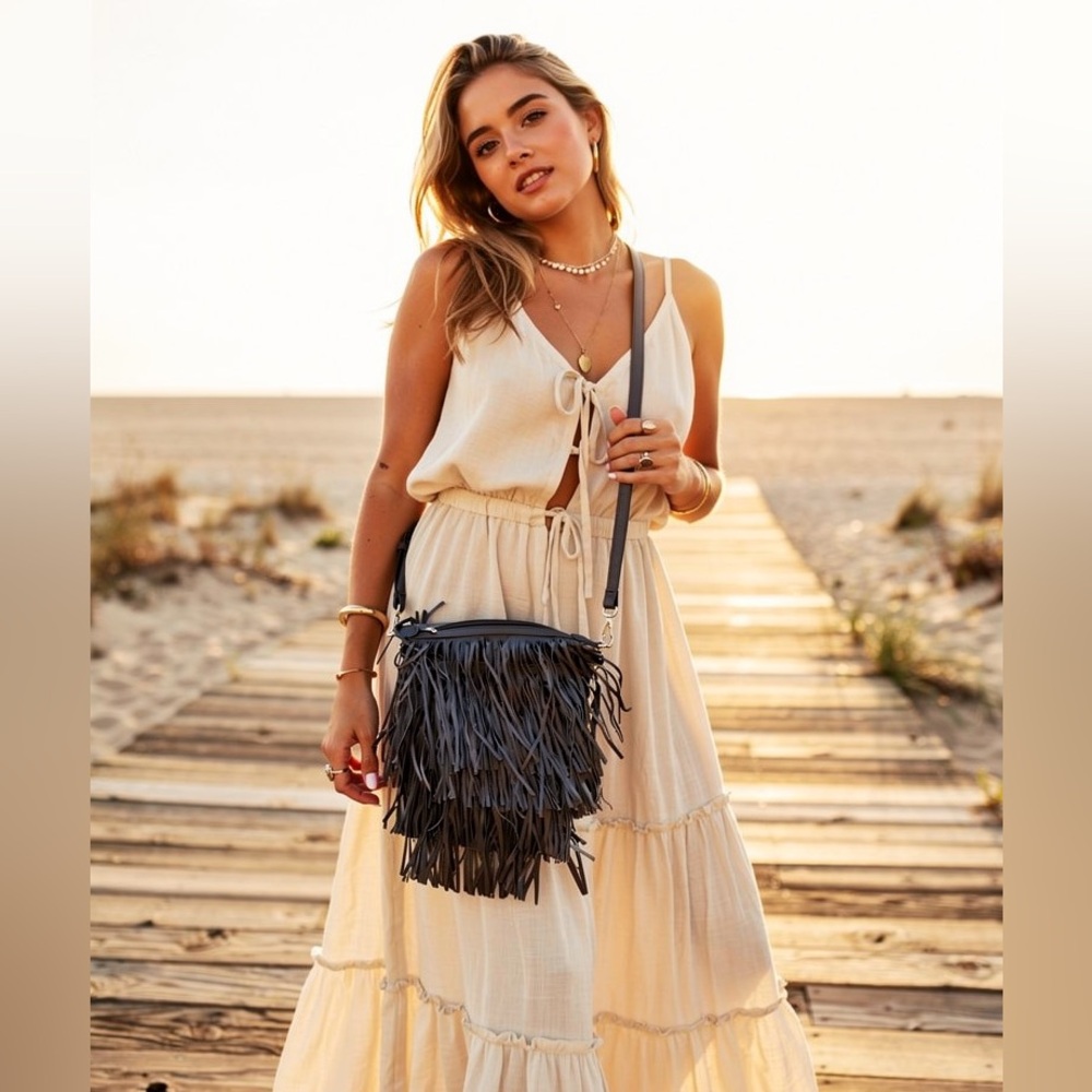 Charming Charlie Suede Fringe Black Purse Shoulder Bag